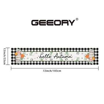GEEORY Fall Table Runner 13x72 Inch, Buffalo Plaid Check Pumpkins Leaves Farmhouse Table Decoration for Kitchen Dinning, Indoor Outdoor Dinner Party (Orange White Pumpkins) GT120-72