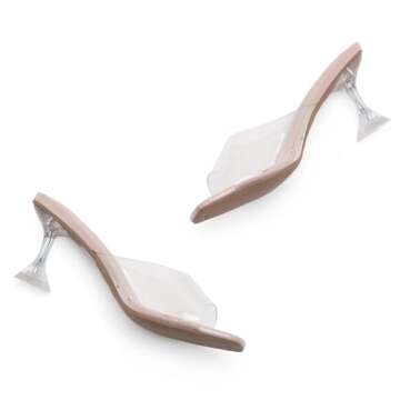 Shoe Land Celebrate Women's Clear Low Heels Stiletto Slides, Square Open Toe One Band Slip-On Heeled...