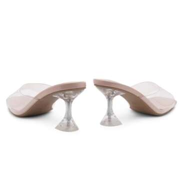 Shoe Land Celebrate Women's Clear Low Heels Stiletto Slides, Square Open Toe One Band Slip-On Heeled Mules, Clear Heeled Dress Sandals for Prom Wedding and Party, ClearNude, Size 5.0