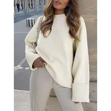 LOGENE Women's Oversized Sweater Crewneck Long Sleeve Soft Fuzzy Knit Pullover Sweaters 2024 Winter Fashion Warm Tops Clothes Beige Apricot X-Large