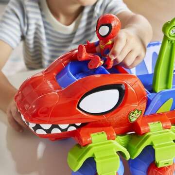 Spidey and his Amazing Friends Marvel Dino-Webs Crawler Toy Car Playset, Spider-Man & Goblin Raptor 4-Inch Action Figures, Kids Ages 3 & Up