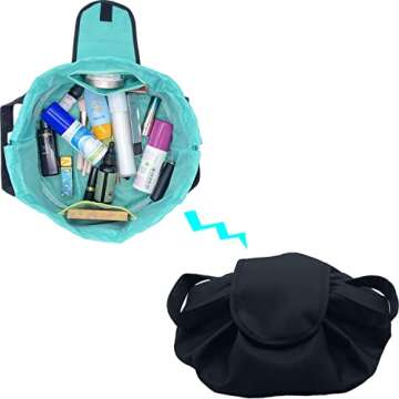 TaTaFun Large Barrel Drawstring Makeup Bag for Cosmetics - Cosmetic Travel Bag for Women - Portable Make Up Organizer Bag for Skin Care & Toiletries with Brush Holder & Pouch (Black)