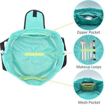 TaTaFun Large Barrel Drawstring Makeup Bag for Cosmetics - Cosmetic Travel Bag for Women - Portable Make Up Organizer Bag for Skin Care & Toiletries with Brush Holder & Pouch (Black)