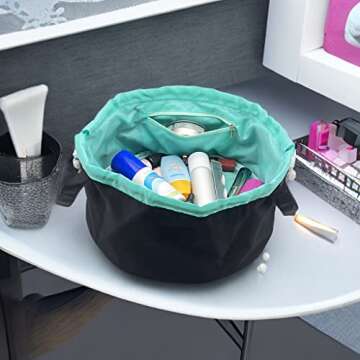 TaTaFun Large Barrel Drawstring Makeup Bag for Cosmetics - Cosmetic Travel Bag for Women - Portable Make Up Organizer Bag for Skin Care & Toiletries with Brush Holder & Pouch (Black)