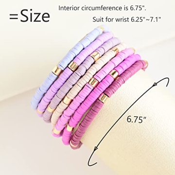 GOOJIDS Surfer Heishi Clay Bead Bracelets for Women Bohemian Stackable Gold Beaded Stretch Bracelets Elastic Layering Friendship Bracelets Set Boho Jewelry (O-Purple set)