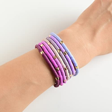GOOJIDS Surfer Heishi Clay Bead Bracelets for Women Bohemian Stackable Gold Beaded Stretch Bracelets Elastic Layering Friendship Bracelets Set Boho Jewelry (O-Purple set)