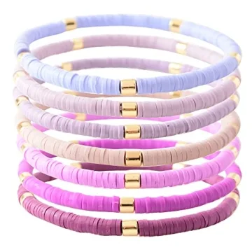 GOOJIDS Surfer Heishi Clay Bead Bracelets for Women Bohemian Stackable Gold Beaded Stretch Bracelets Elastic Layering Friendship Bracelets Set Boho Jewelry (O-Purple set)