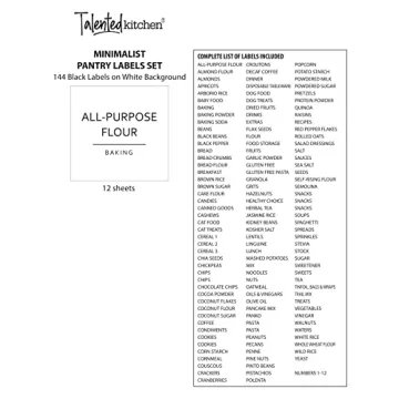 Talented Kitchen 144 Pantry Labels for Containers, Food Storage - Preprinted Black All-Caps on Matte White Vinyl Stickers for Minimalist Style Kitchen (Water Resistant)