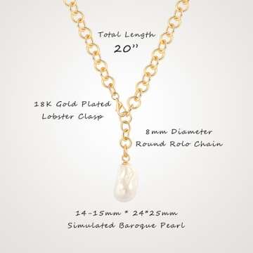 Aobei Pearl Big Simulated Baroque Pearl Pendant Necklace for Women Chunky 18K Gold Round Link Chain Lariat Y Necklace Adjustable Mother of Pearl Layering Jewelry 20”