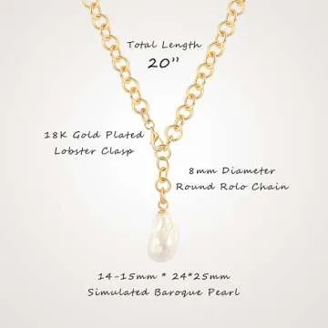 Aobei Pearl Big Simulated Baroque Pearl Pendant Necklace for Women Chunky 18K Gold Round Link Chain Lariat Y Necklace Adjustable Mother of Pearl Layering Jewelry 20”