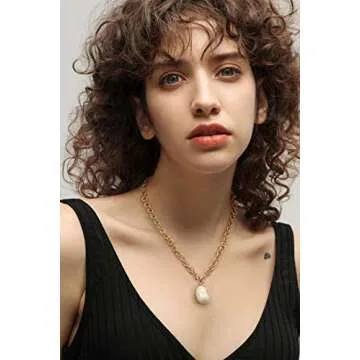 Aobei Pearl Big Simulated Baroque Pearl Pendant Necklace for Women Chunky 18K Gold Round Link Chain Lariat Y Necklace Adjustable Mother of Pearl Layering Jewelry 20”