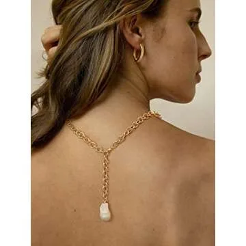 Aobei Pearl Big Simulated Baroque Pearl Pendant Necklace for Women Chunky 18K Gold Round Link Chain Lariat Y Necklace Adjustable Mother of Pearl Layering Jewelry 20”