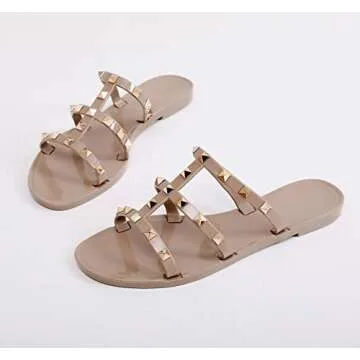 OMGard Jelly Shoes for Women Size 7.5, Nude Studded Jellies Flat Sandals Summer Beach Rivets Strappy...
