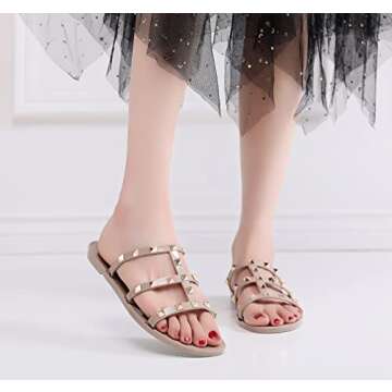 OMGard Jelly Shoes for Women Size 7.5, Nude Studded Jellies Flat Sandals Summer Beach Rivets Strappy Slide Slip On