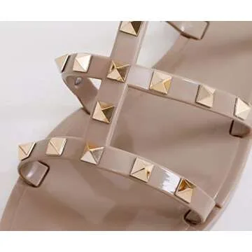 OMGard Jelly Shoes for Women Size 7.5, Nude Studded Jellies Flat Sandals Summer Beach Rivets Strappy Slide Slip On