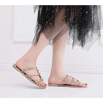OMGard Jelly Shoes for Women Size 7.5, Nude Studded Jellies Flat Sandals Summer Beach Rivets Strappy Slide Slip On