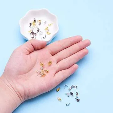 PH PandaHall 600pcs 6 Color Iron Bead Tips Knot Covers 8x4mm Metal Open Clamshell Fold-Over Bead Tips Knot Covers End Caps for Jewelry Making, Nickel Free