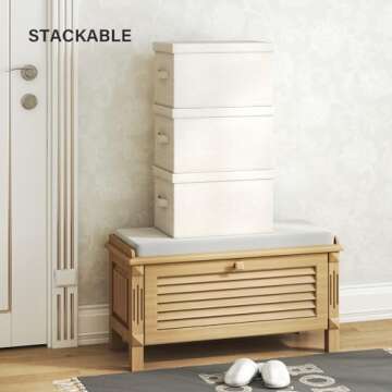 Vailando Storage Bin 3 Pack, Large Storage Bins with Lids, Decorative Storage Boxes Fabric Cotton Linen Collapsible Basket for Bedroom, Office, Closet, Shelves (Beige)