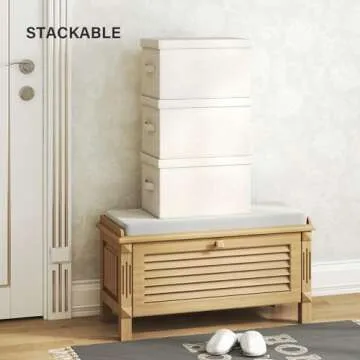 Vailando Storage Bin 3 Pack, Large Storage Bins with Lids, Decorative Storage Boxes Fabric Cotton Linen Collapsible Basket for Bedroom, Office, Closet, Shelves (Beige)