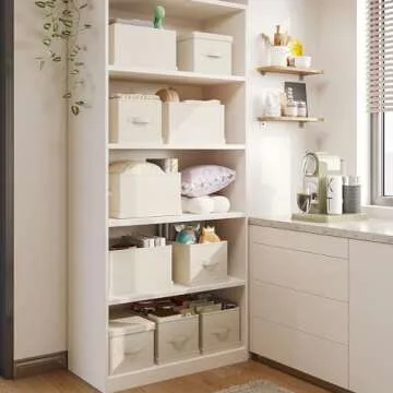 Vailando Storage Bin 3 Pack, Large Storage Bins with Lids, Decorative Storage Boxes Fabric Cotton Linen Collapsible Basket for Bedroom, Office, Closet, Shelves (Beige)