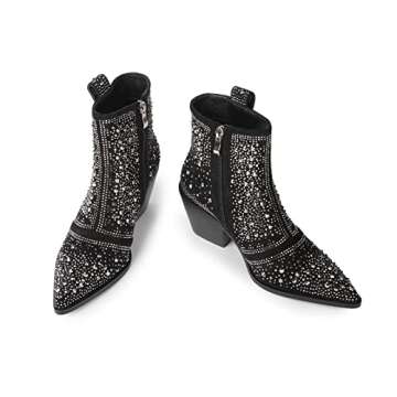 ISNOM Rhinestone Cowboy Boots for Women, Sparkly Boots Short Cowgirl Boots Black Ankle Boots Block H...