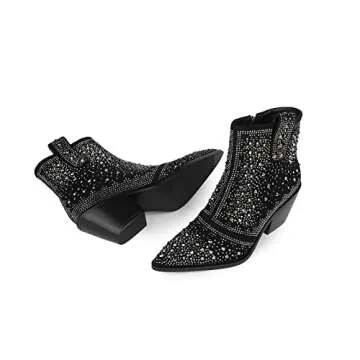 ISNOM Rhinestone Cowboy Boots for Women, Sparkly Boots Short Cowgirl Boots Black Ankle Boots Block Heel Western Glitter Booties Crystal Combat Boots