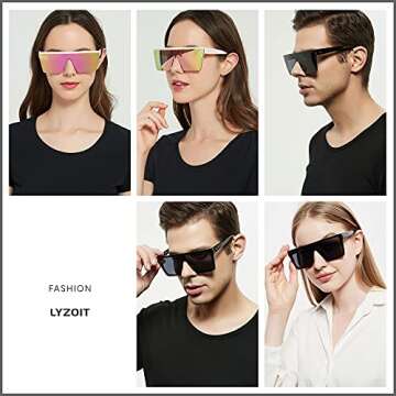 LYZOIT Square Oversized Sunglasses for Women Men Big Flat Top 2 pack Fashion Shield Large UV Protection Rimless Shade Pink Mirrored Sun glasses