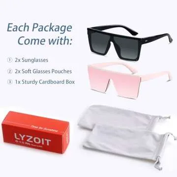 LYZOIT Square Oversized Sunglasses for Women Men Big Flat Top 2 pack Fashion Shield Large UV Protection Rimless Shade Pink Mirrored Sun glasses