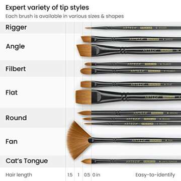 ARTEZA Paint Brushes, Set of 12, Premium Synthetic Brushes with Brass Ferrules & Wooden Handles