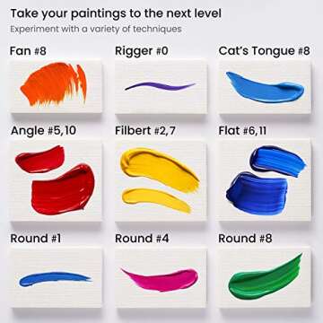 ARTEZA Paint Brushes, Set of 12, Premium Synthetic Brushes with Brass Ferrules & Wooden Handles