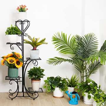 unho Tall Metal Plant Stand: 5 Tiered Flower Pot Rack with Square Shelves Indoor Display Storage Holder for Patio Garden Balcony Livingroom Decor (Black)