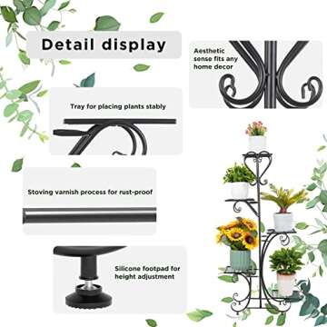 unho Tall Metal Plant Stand: 5 Tiered Flower Pot Rack with Square Shelves Indoor Display Storage Holder for Patio Garden Balcony Livingroom Decor (Black)