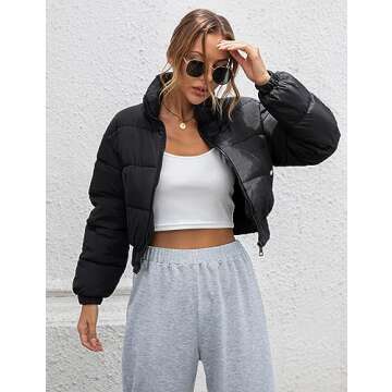 Gihuo Womens Cropped Quilted Puffer Jacket Lightweight Padded Coat Warm Puffy Coat Zip UP Bubble Coats with Pockets(Black-M)