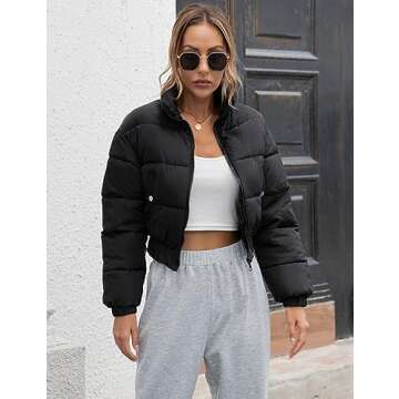 Gihuo Womens Cropped Quilted Puffer Jacket Lightweight Padded Coat Warm Puffy Coat Zip UP Bubble Coats with Pockets(Black-M)