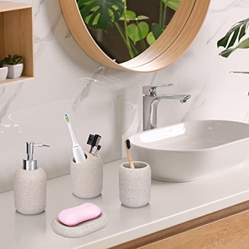L'ARL GMVOI Bathroom Accessory Set,4 Piece Decor Accessories Sets Complete with Soap Dispenser,Toothbrush Holder,Bathroom Tumbler,Soap Dish for Vanity Countertop Accessories,Beige