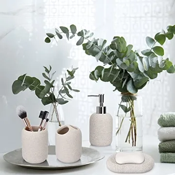 L'ARL GMVOI Bathroom Accessory Set,4 Piece Decor Accessories Sets Complete with Soap Dispenser,Toothbrush Holder,Bathroom Tumbler,Soap Dish for Vanity Countertop Accessories,Beige