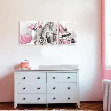 Visual Art Decor Glam Fashion Picture Pink Blush Wall Art Leopard Books High Heel Shoes Perfume Canv...