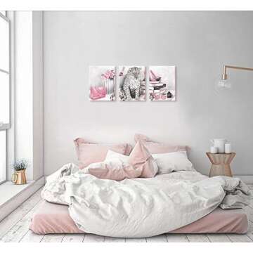 Visual Art Decor Glam Fashion Picture Pink Blush Wall Art Leopard Books High Heel Shoes Perfume Canvas Prints for Modern Home Office Woman Girl Makeup Bedroom Wall Decoration Creative Design Gift