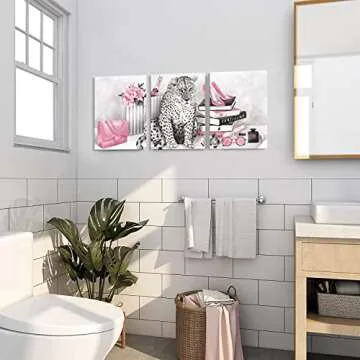 Visual Art Decor Glam Fashion Picture Pink Blush Wall Art Leopard Books High Heel Shoes Perfume Canvas Prints for Modern Home Office Woman Girl Makeup Bedroom Wall Decoration Creative Design Gift