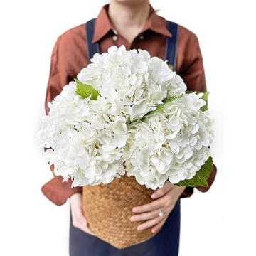 JINWOE White Hydrangea Artificial Flowers, 3Pcs Large 21” Royal Real Touch Latex Silk Flowers Faux...