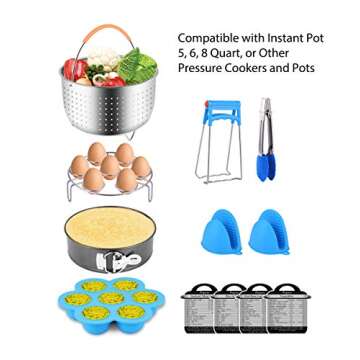 Fopurs Pressure Cooker Accessories Set, Compatible with Instant Pot 5,6,8 QT, Steamer Basket, Egg Bites Mold, Springform Pan, Egg Rack, 4 Cooking time Magnets, Dish Clip, Silicone Mitts and More