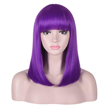 AMZCOS 15 Inch Short Straight Purple Bob Wig with Bangs | Natural Heat Resistant Synthetic Hair for ...
