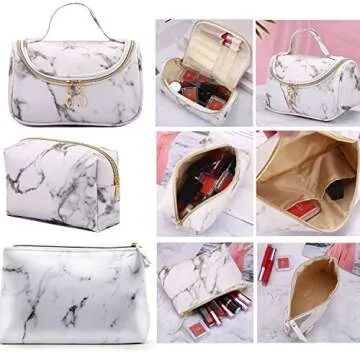 3 Pack Marble Makeup Bag - Waterproof Organizer for Travel