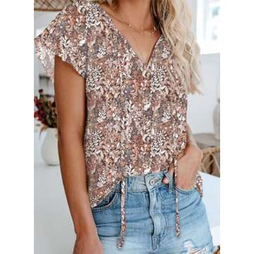 Biucly Womens Summer Casual Loose Boho Tops Floral Print Short Sleeve V Neck Dress Shirts Tunic Blou...