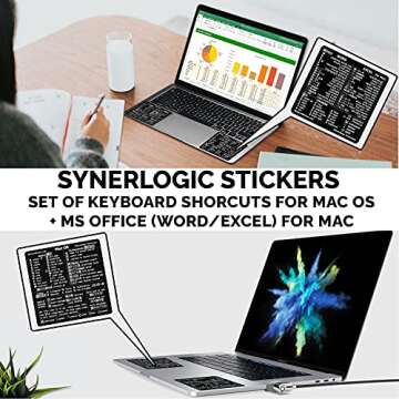 Synerlogic (1 Set) Mac OS + Word & Excel Shortcuts Cheat Sheet Sticker Bundle | Quick Reference Keyboard Shortcut Stickers | Word Excel Shortcuts Sticker MacBook (Black)