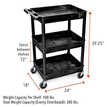 Stand Steady Tubstr Compact Utility Cart, Black, 2.5 in Deep Tub Shelves, 300 lbs Weight Capacity