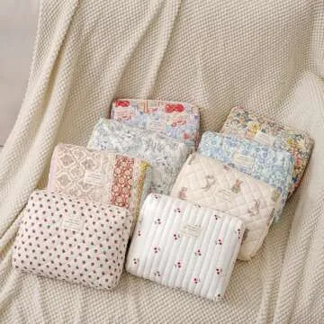 uekeboag Quilted Cotton Makeup Bag,Coquette Quilted Toiletry Bag for Women and Girls,Floral Coquette Pouch,Cute Kawaii Travel Cosmetic Bags(White Bear)