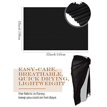 Geyoga Women Swimsuit Cover up Black Long Sarong Skirt Ladies Bikini Wrap Skirt Beach Chiffon Bathing Swimwear Pareo Wrap for Vacation, Plus Size