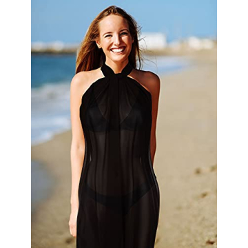 Geyoga Women Swimsuit Cover up Black Long Sarong Skirt Ladies Bikini Wrap Skirt Beach Chiffon Bathing Swimwear Pareo Wrap for Vacation, Plus Size