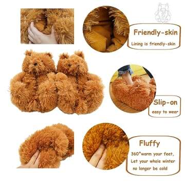 Qsleep DreamQi Cute Teddy Bear Slippers Fashion Soft Plush Teddy Bear House Slippers Indoor Anti-Slip Faux Fur Warm Shoes For Women And Girls (light brown)